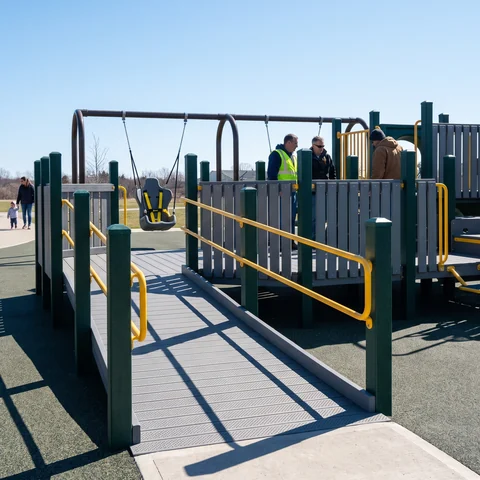 Inclusive playground with a ramped route and high-back swing seat