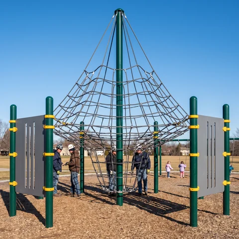 Rope climbing net pyramid on a steel frame