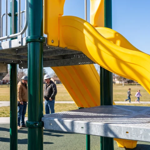 Yellow rotomolded playground slide on a steel deck