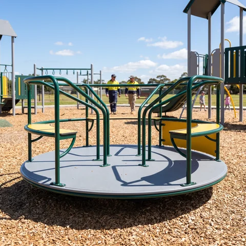 Ground-level playground spinner with a grey deck