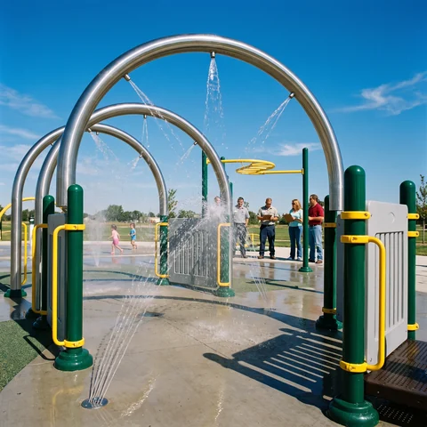 Stainless steel splash pad features spraying water