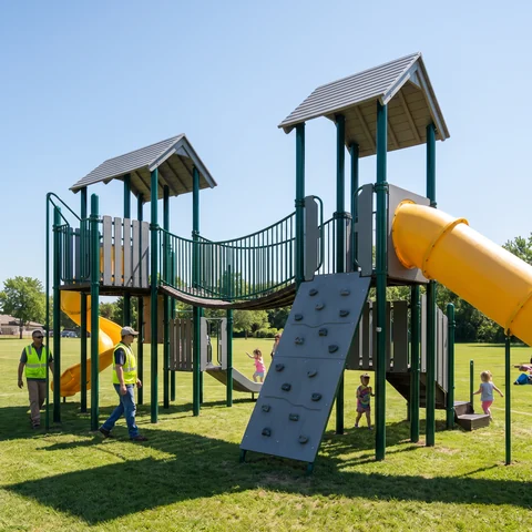 Multi-deck commercial play structure with towers, slides and climbers