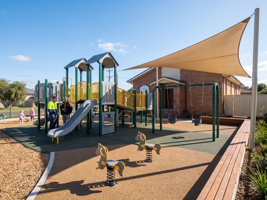 Compact church playground with one structure, swings and a shade sail
