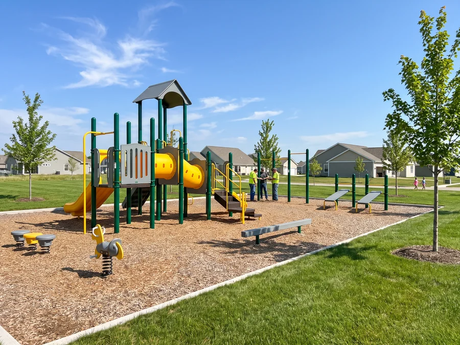 HOA community playground in a landscaped common area