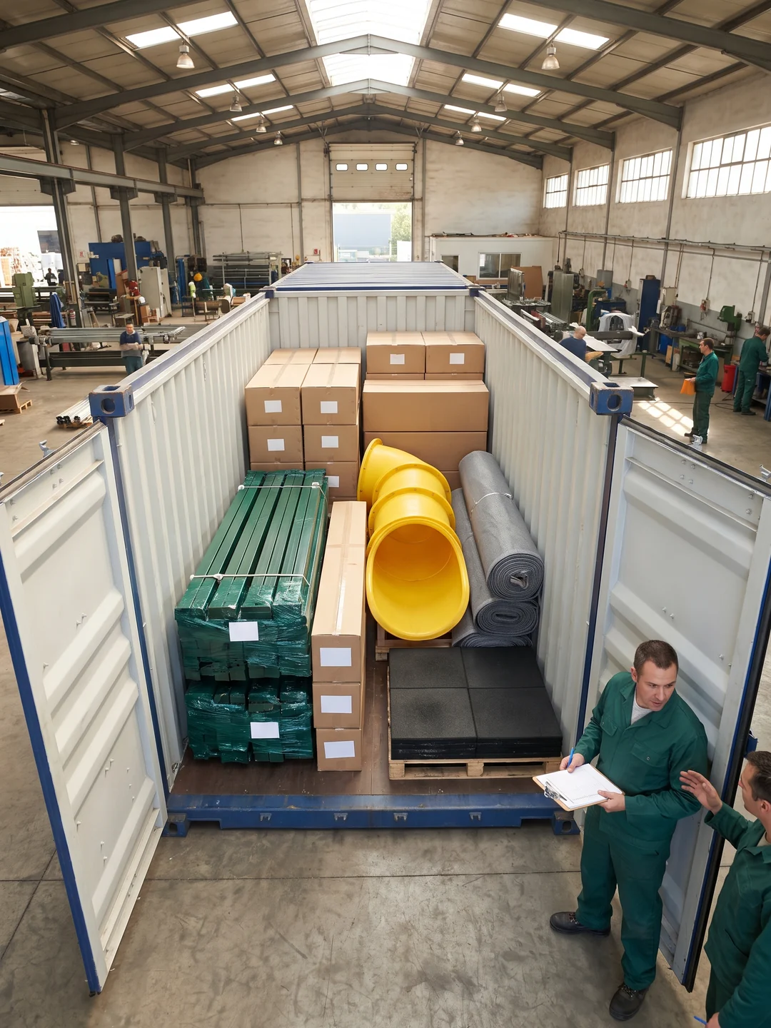 A container loaded with steel posts, slides, sail fabric and surfacing pallets for one site