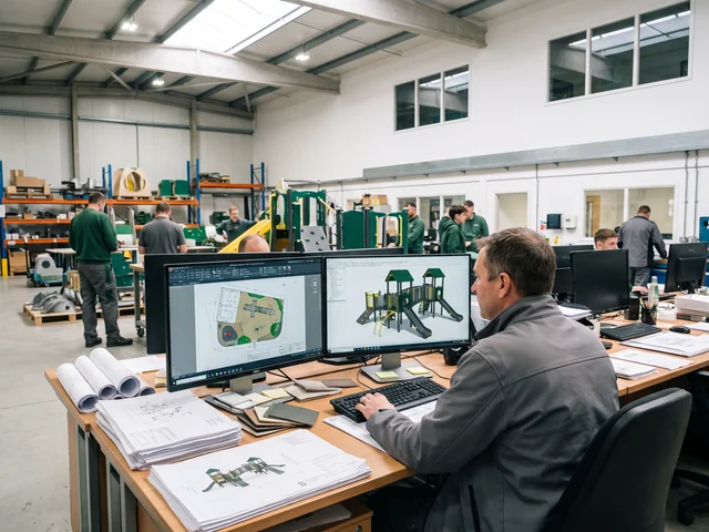 Designer drawing a playground layout on a CAD workstation