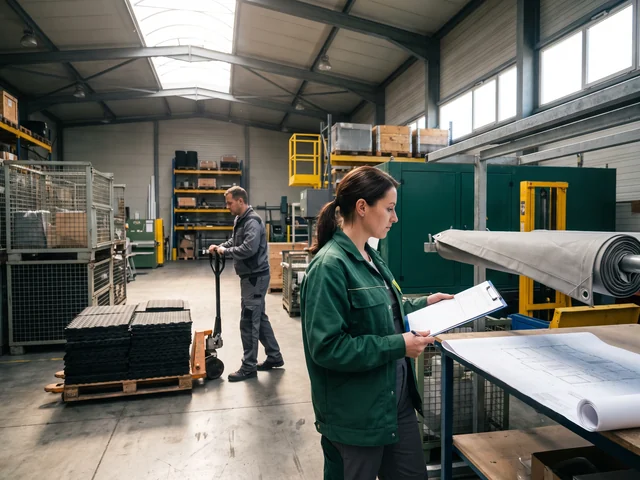 QC inspector checking a rolled shade sail at a partner factory