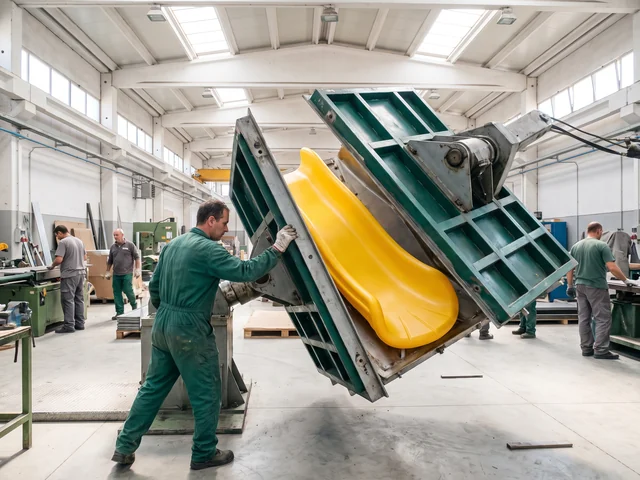 Rotomolding worker opening a steel mold with a yellow slide section