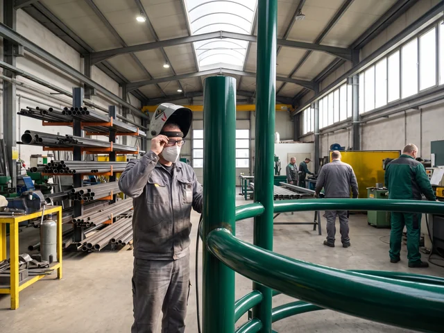Welder joining an evergreen steel play structure post