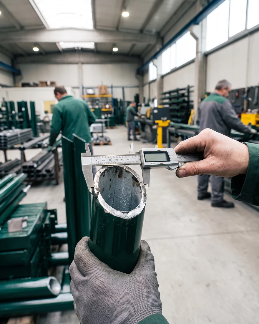 Caliper measuring the diameter of a galvanized, powder-coated Ø114 mm steel post