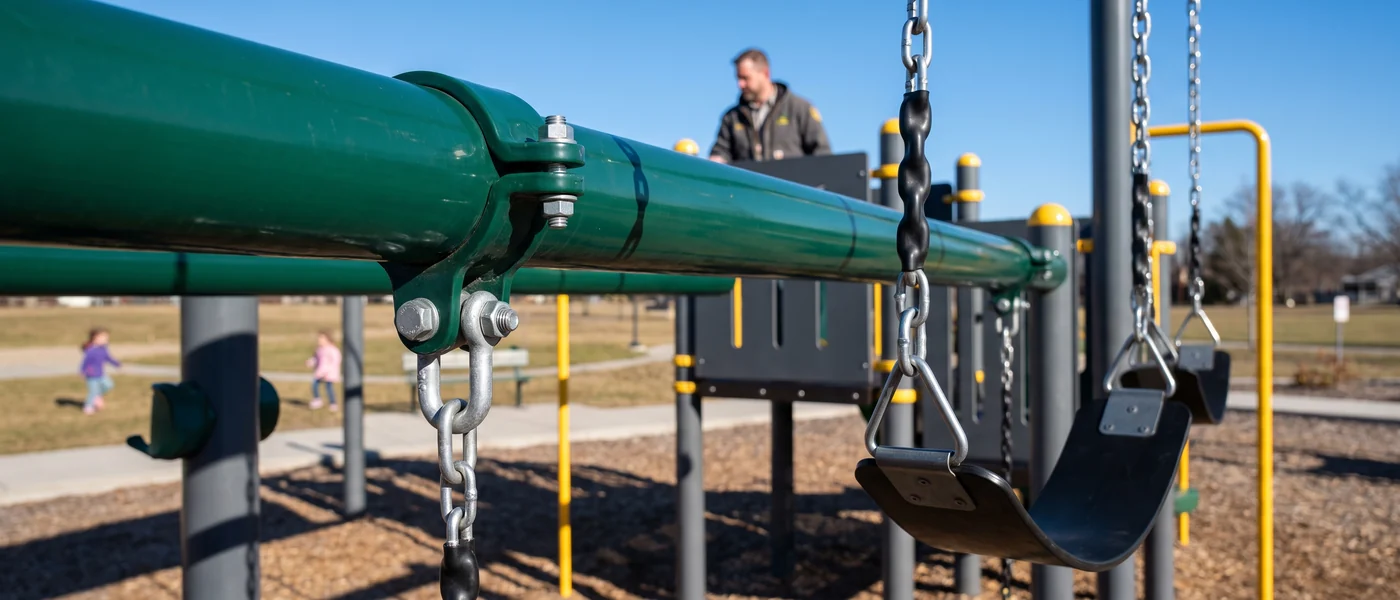 A sealed-bearing swing hanger with a plastisol-coated chain on a steel top beam