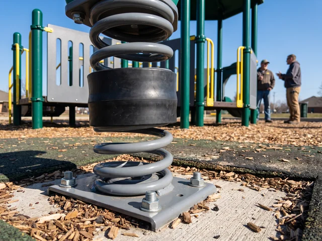 Spring rider coil spring with pinch-guard on a steel base plate