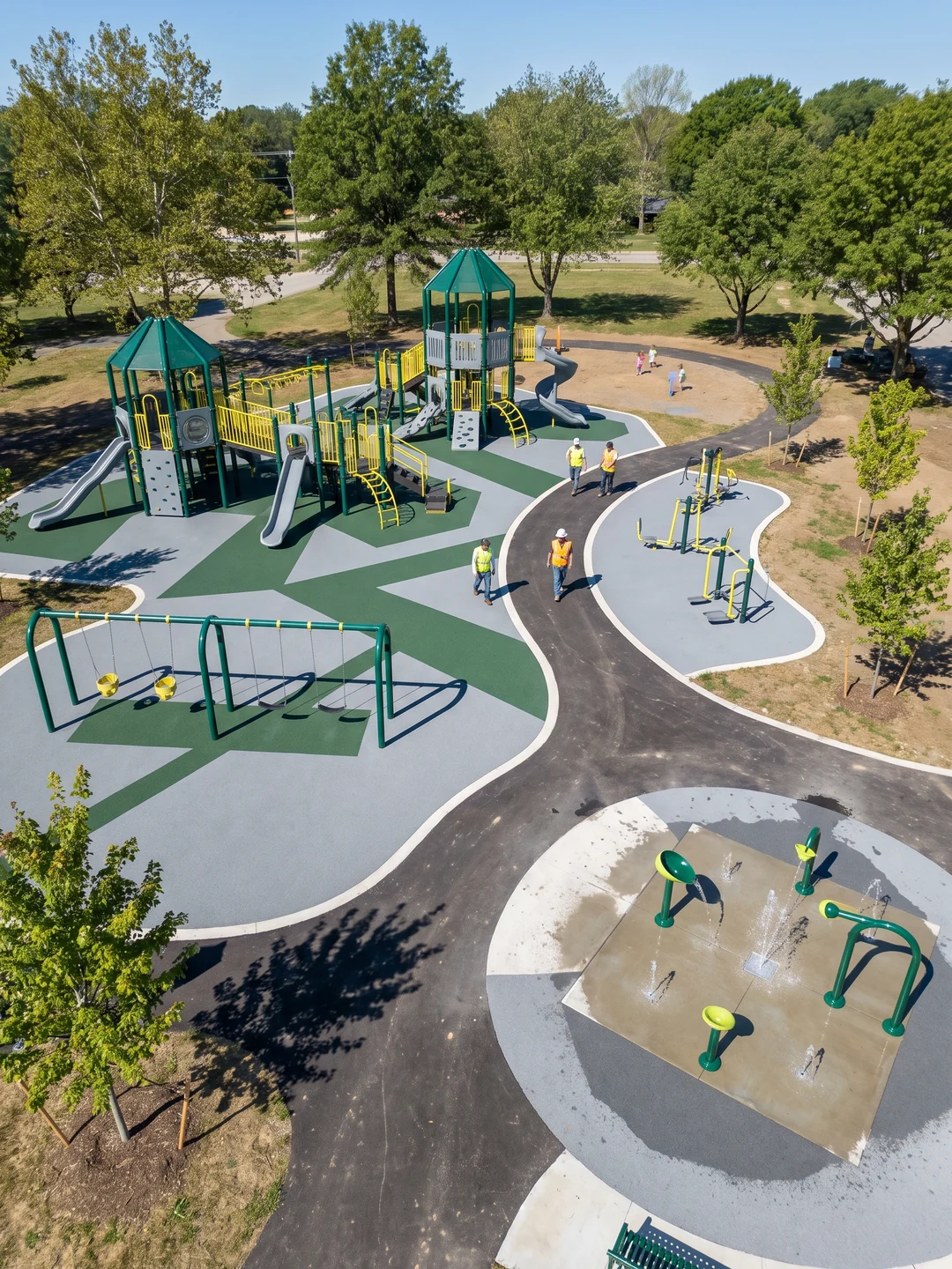 Aerial view of a mixed playground site with structures, swings, fitness and a splash pad