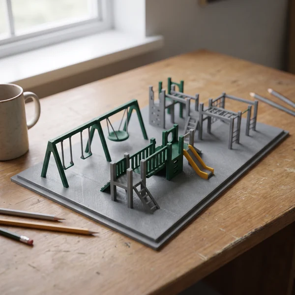 Printed 3D render of a playground layout