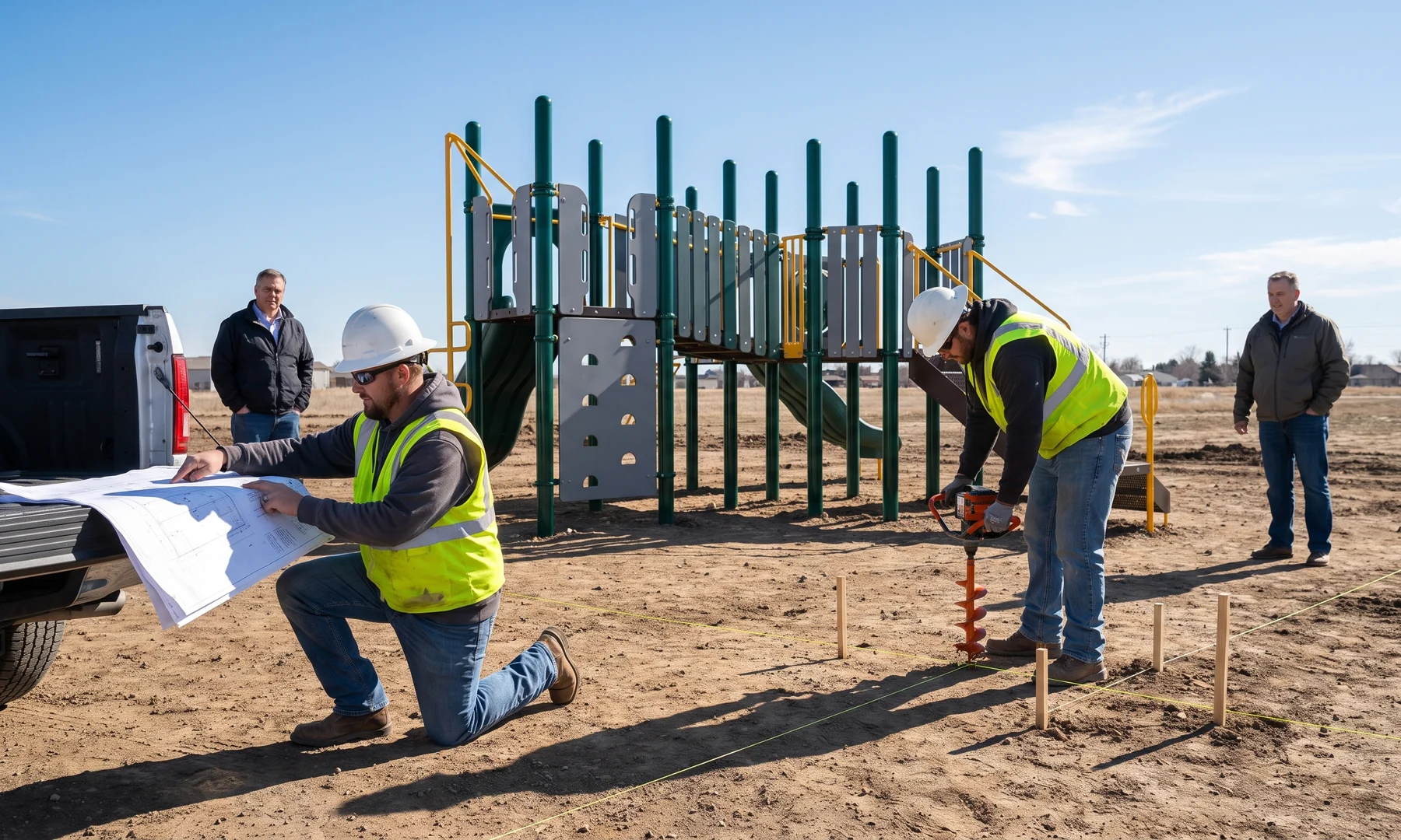 Installer crew digging post footings on a playground site