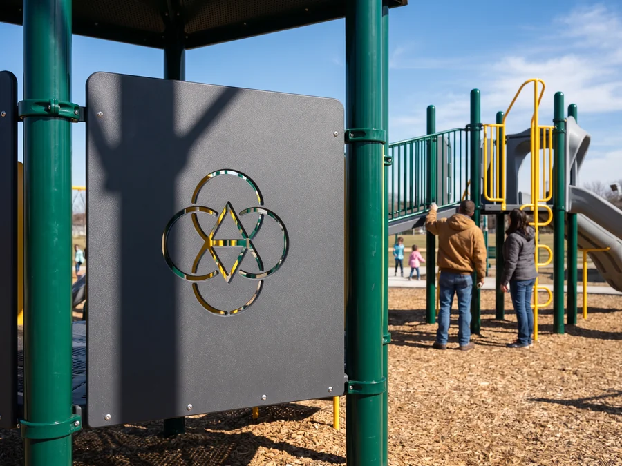 HDPE play panel with a dealer's emblem cut into it