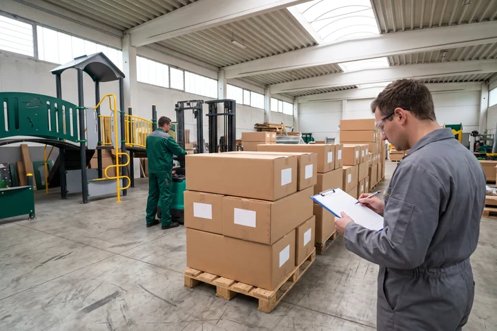 Dealer warehouse with branded cartons of playground parts