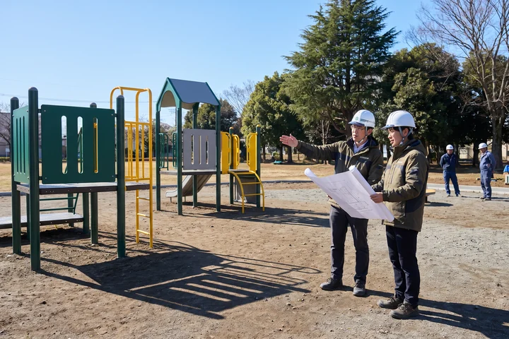 Parks department staff reviewing a playground drawing at a site
