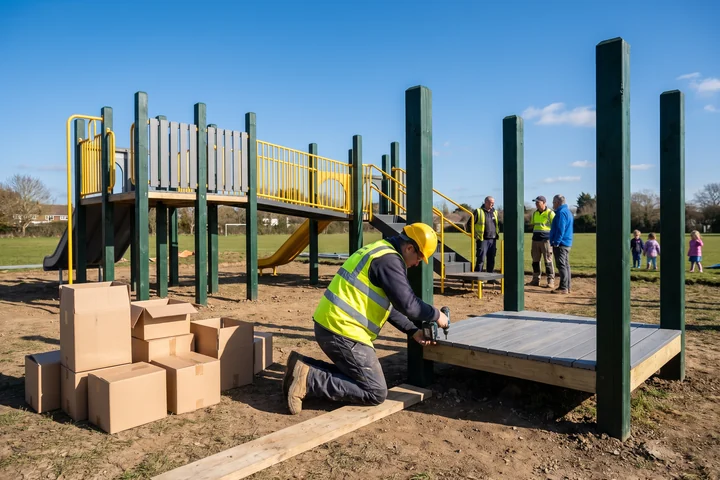 Installer assembling numbered parts of a play structure