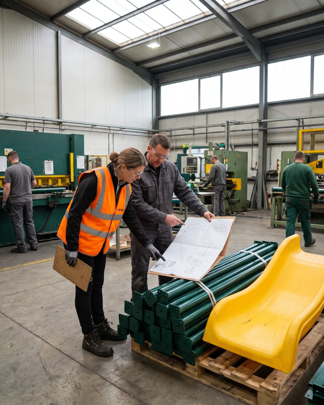 Buyer checking their own posts and slides against a drawing during a factory visit