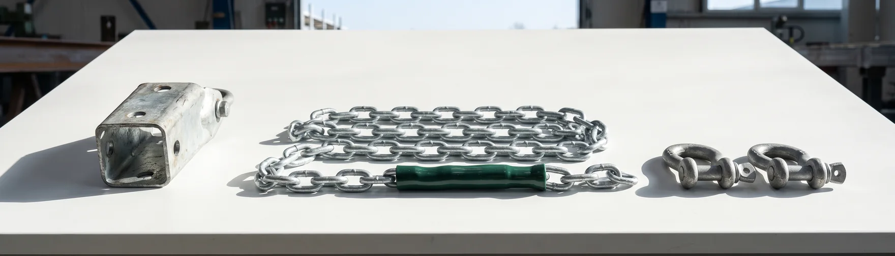 A galvanized swing hanger housing, a length of galvanized chain with its plastisol grip and two closed shackles laid out side by side