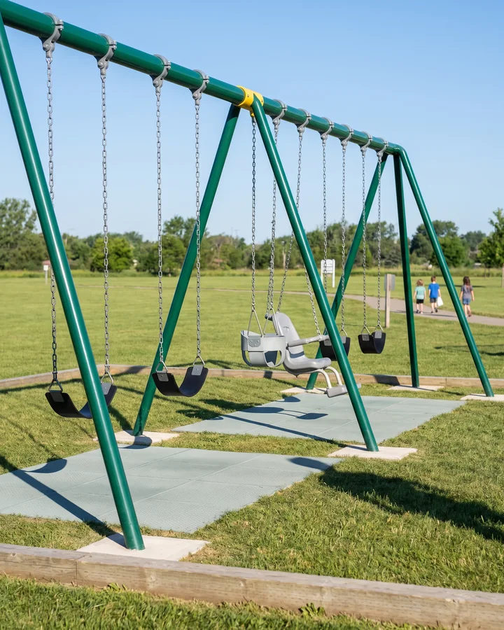 A three-bay A-frame swing set on an open park lawn with clear ground around both ends