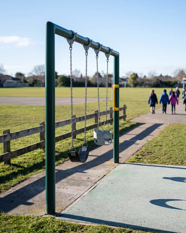 A straight-post swing frame set close along a school path and fence line