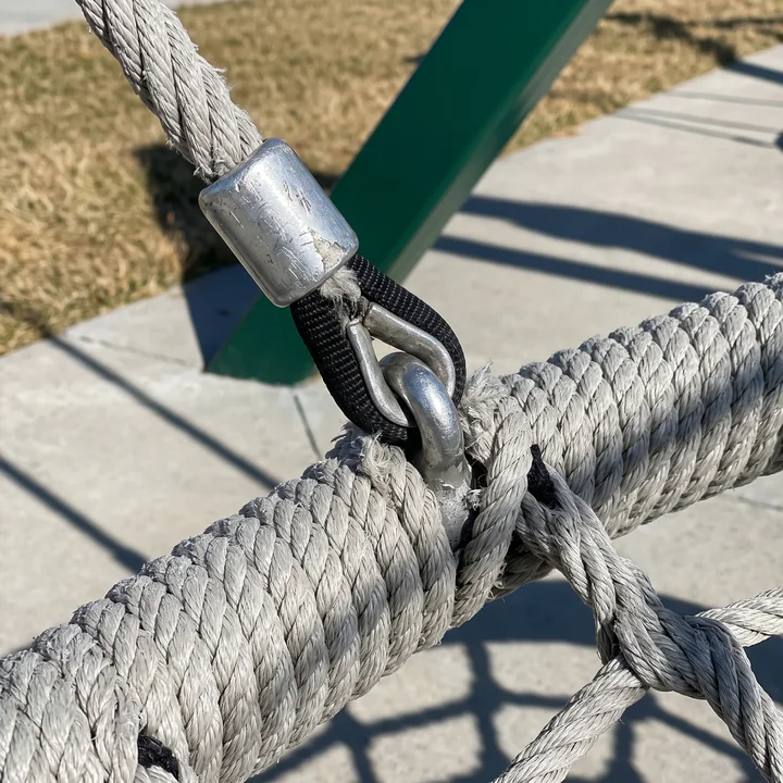 An aluminum and nylon rope connector clamped at a crossing of the nest net