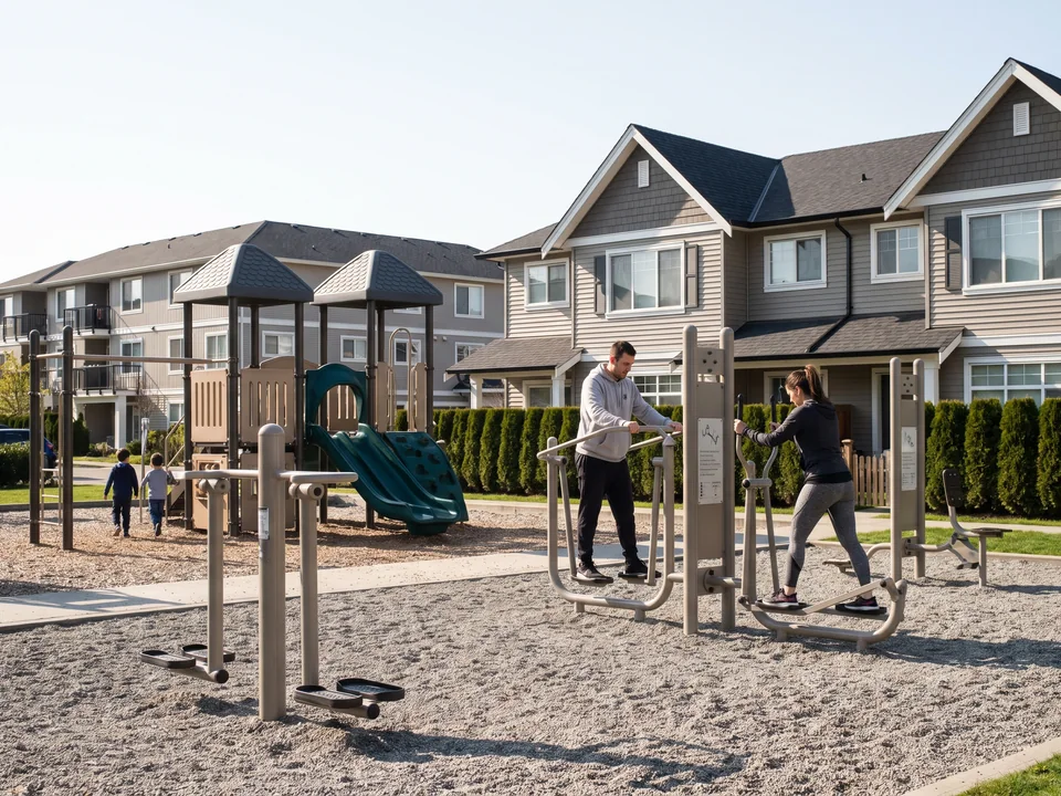 Three warm grey outdoor fitness stations beside a community play area, used by adult residents
