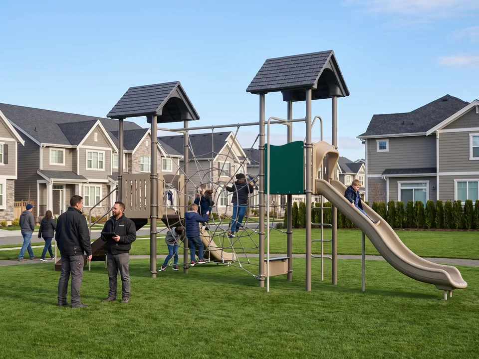 Structure for ages 5–12 with a steel-core rope net, climbers and a longer slide on a community green