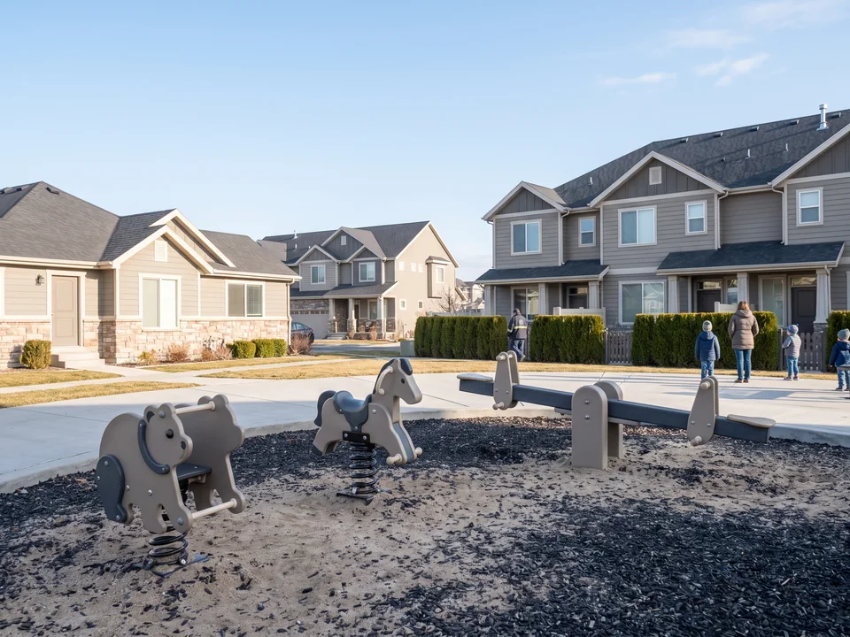Two rotomolded spring riders and a seesaw beside a path in a residential common area