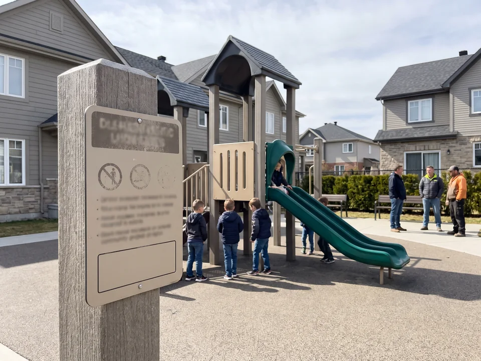 HDPE rules sign on a post at the entrance to a community play area, text unreadable