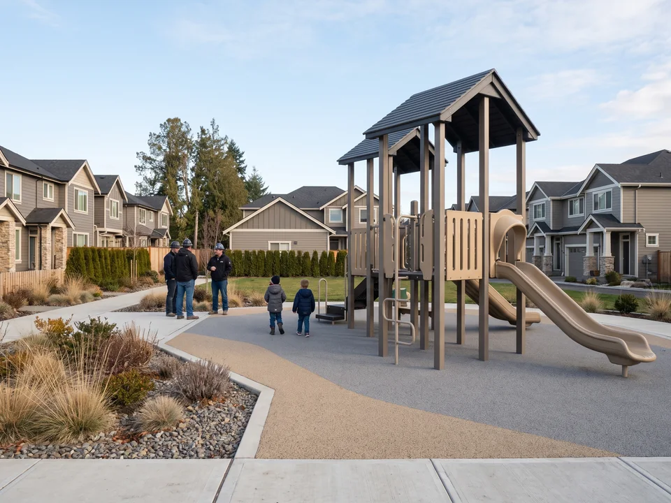 Continuous poured rubber surfacing under a play area, running out to the paths and planting