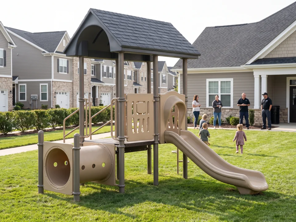 Low tot lot structure for ages 2–5 beside a clubhouse, with a short slide, a crawl tunnel and ground-level play panels in sand and warm grey