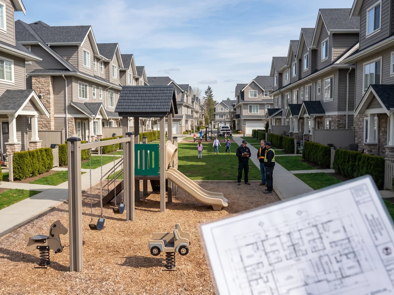 Compact play structure, a swing bay and spring riders on a green between two rows of townhomes