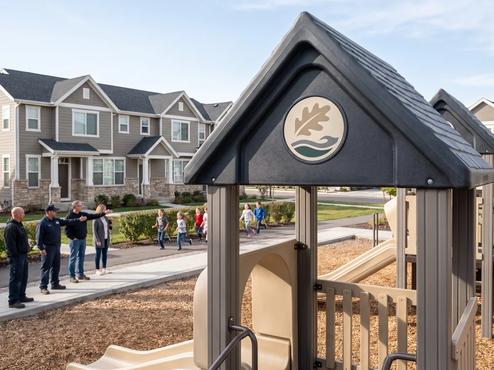 Printed decal with a community emblem on a rotomolded play structure roof