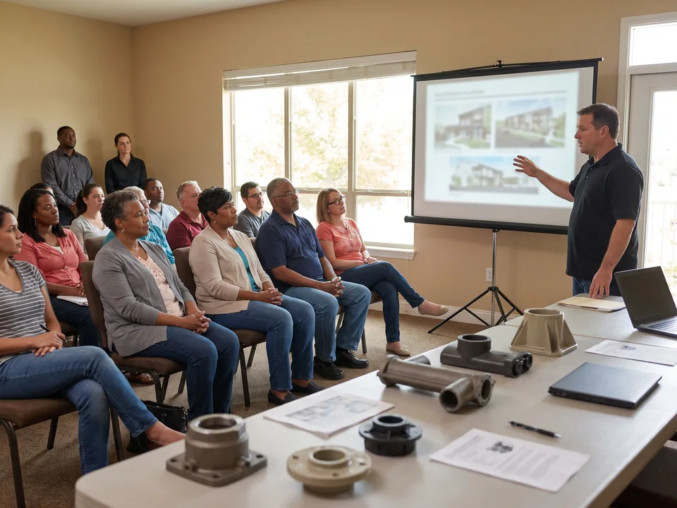 Annual owners' meeting in a clubhouse, residents looking at renders on a projection screen