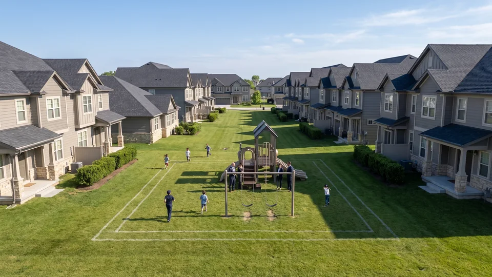 Aerial 3D render of the same proposed play area with both rows of homes and the setback lines