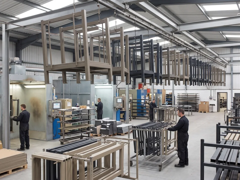 Warm grey and charcoal frames hanging on the powder coating line