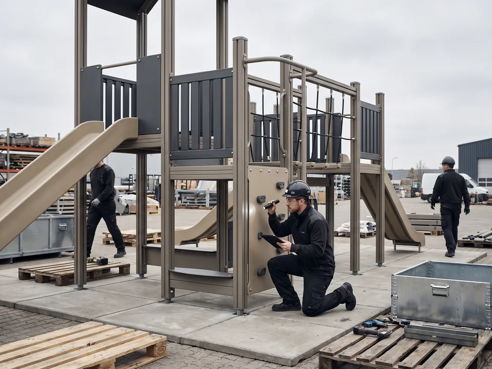 A community play structure standing fully pre-assembled in the factory yard