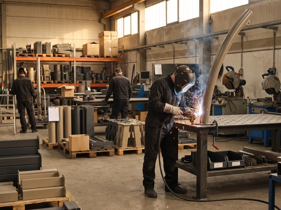 Steel post being welded in the steel fabrication workshop at the start of production