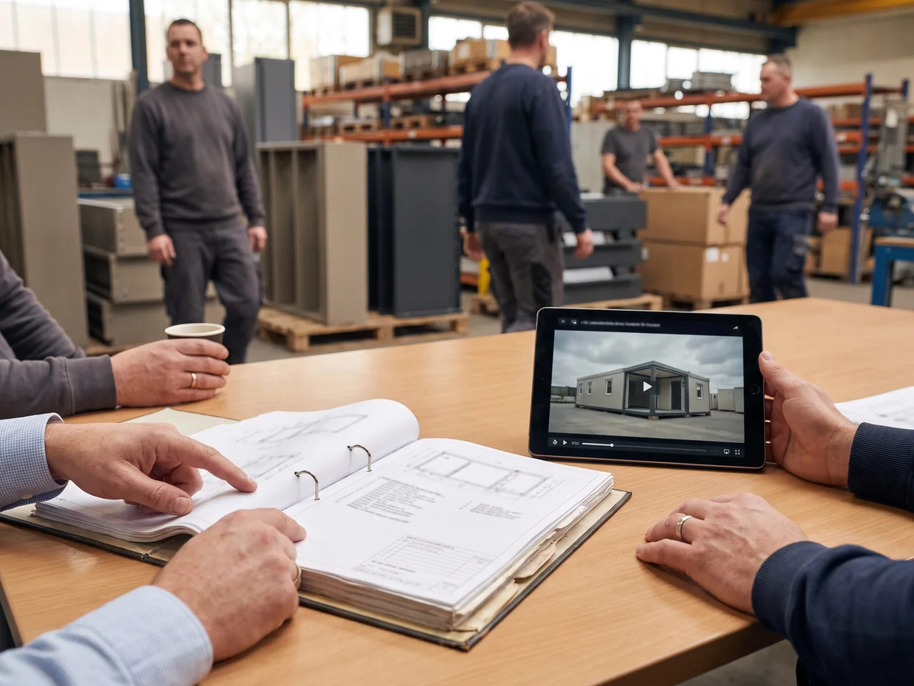 An open project file with installation drawings and part lists on a clubhouse table, a tablet showing the paused pre-assembly video