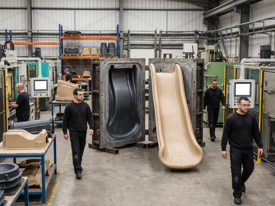 Open steel mold in the rotomolding workshop beside a freshly molded sand-colored slide