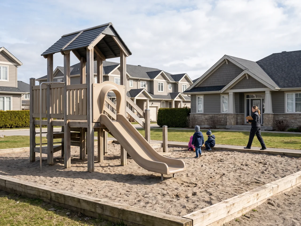 An older play structure in a residential common area, faded after years of use, homes behind