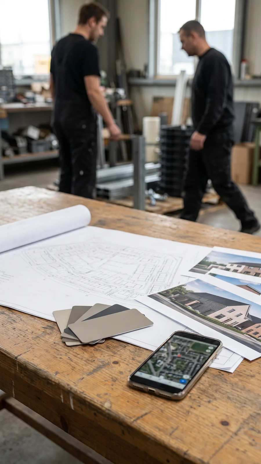 A printed community site plan, photos of the homes, a small stack of RAL chips and a satellite view on a phone on a clubhouse table