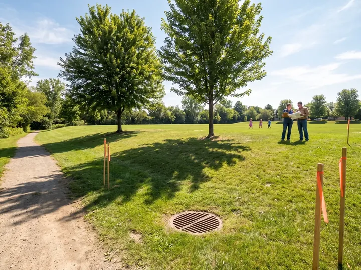 An empty park lawn marked with survey stakes, with two people checking the site between the trees