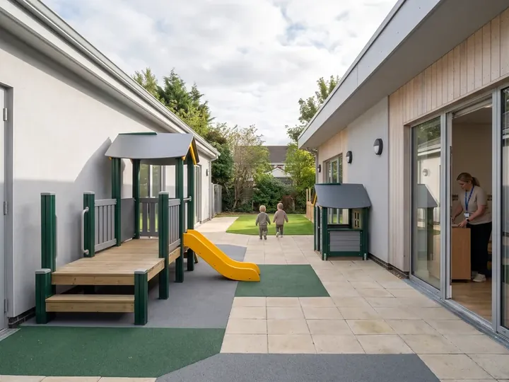 A narrow daycare courtyard with a low-deck play structure on a paved slab beside the classroom doors