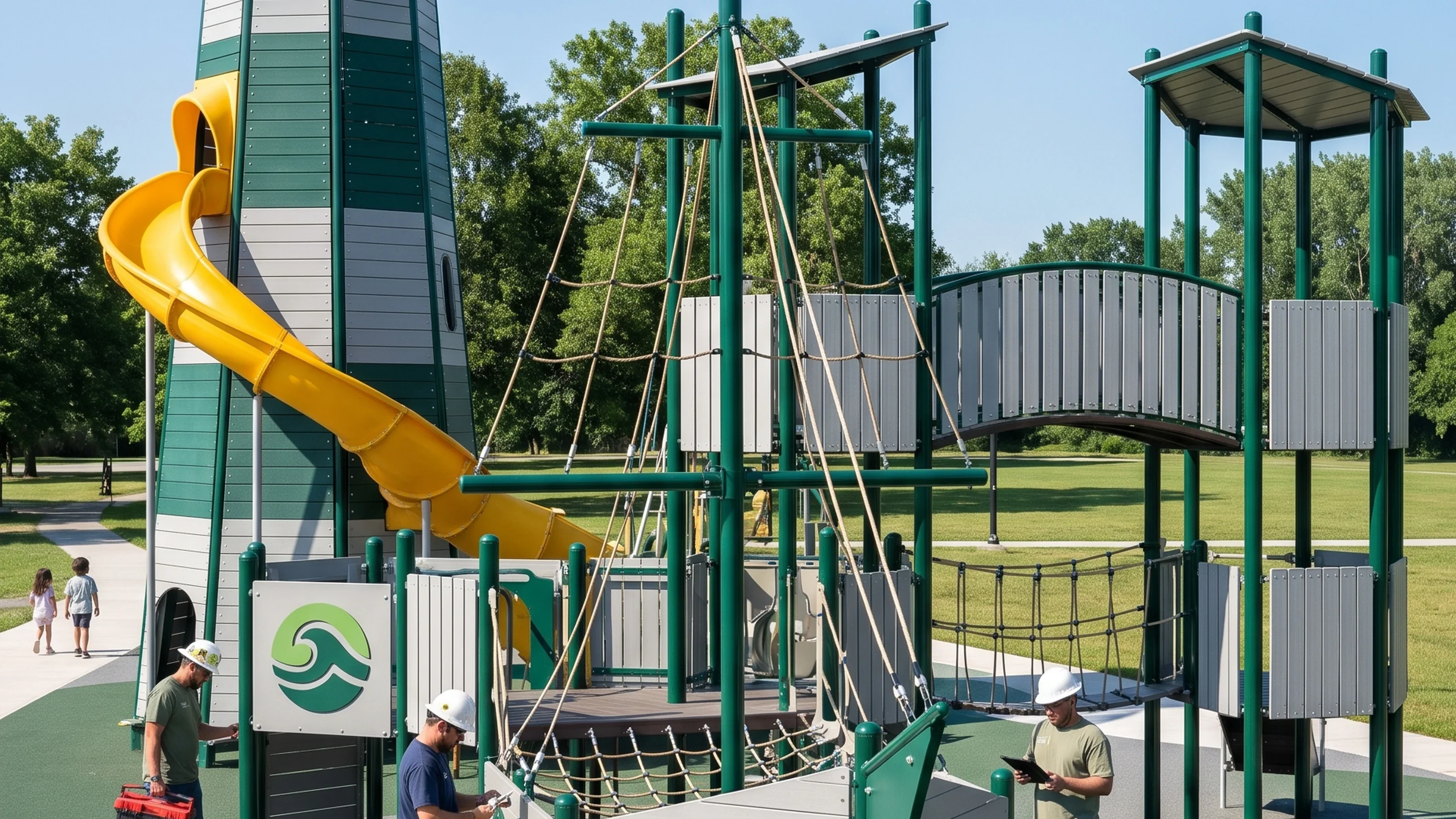 A lighthouse and ship themed custom play structure in a public park on a sunny morning