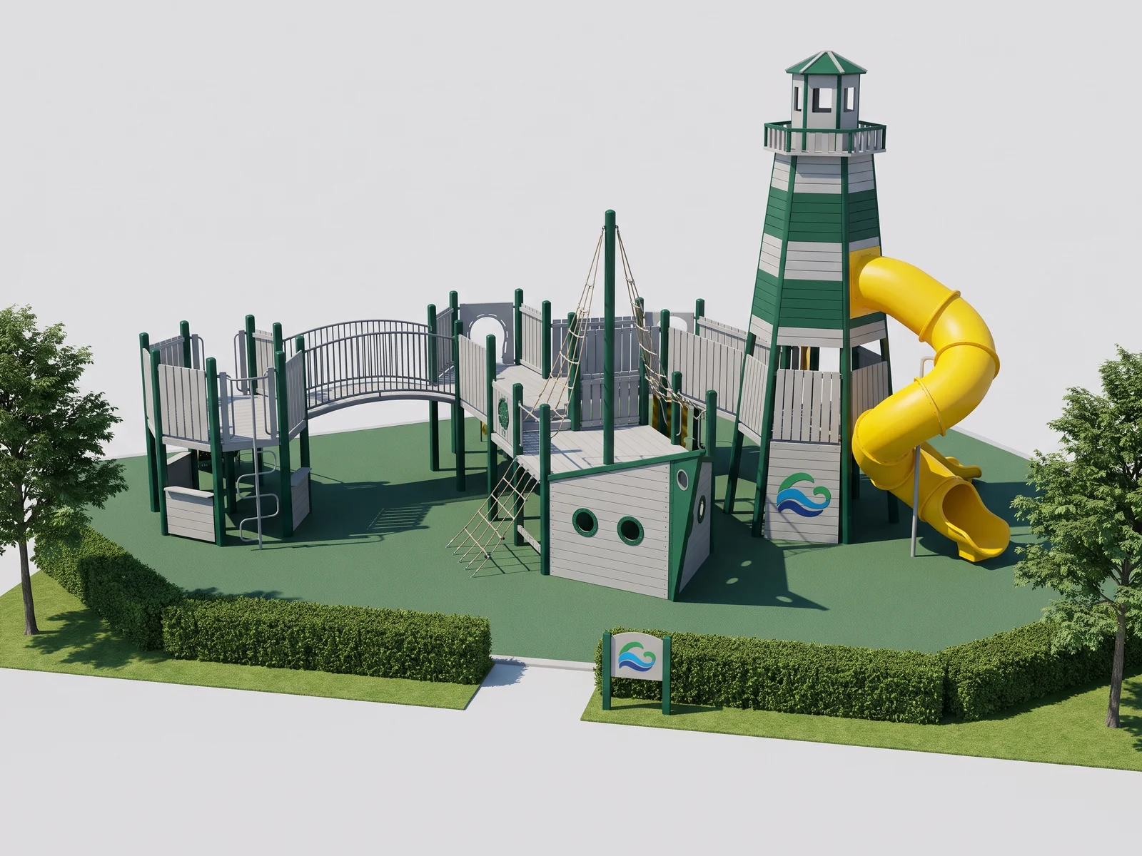 Layer 5: the finished structure with the venue logo inlaid on a panel and an entrance sign