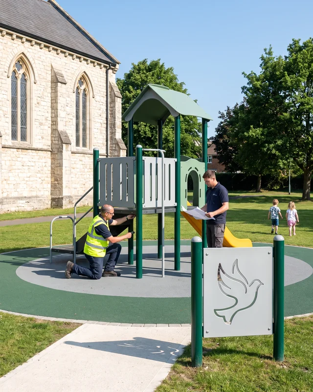 A compact playground beside a church building with an emblem sign